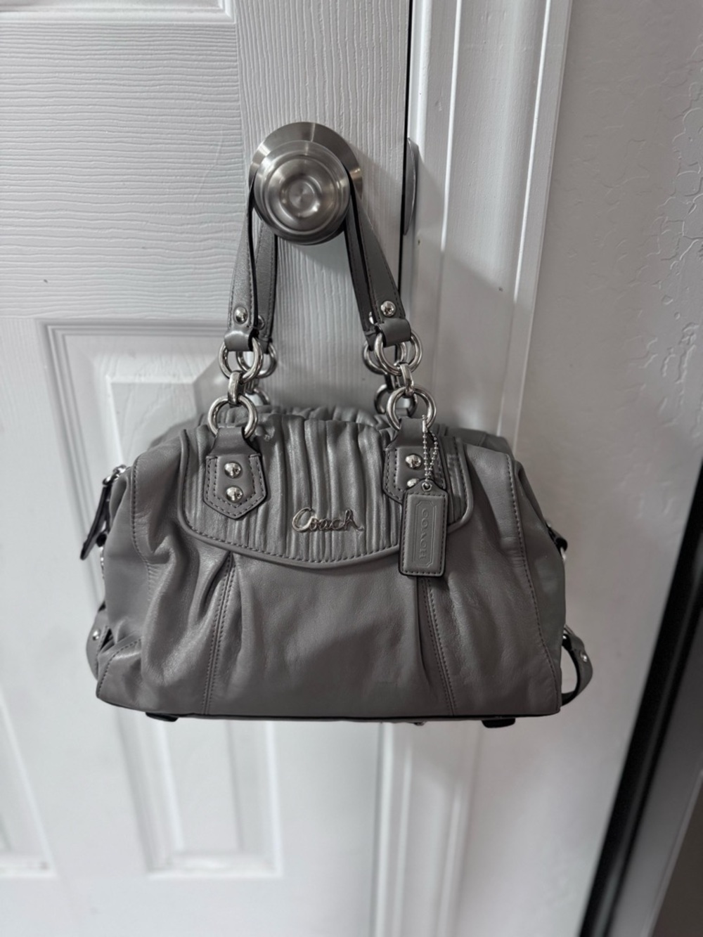 Coach Ashley Gray Leather Shoulder Satchel with Chain-Link Handles